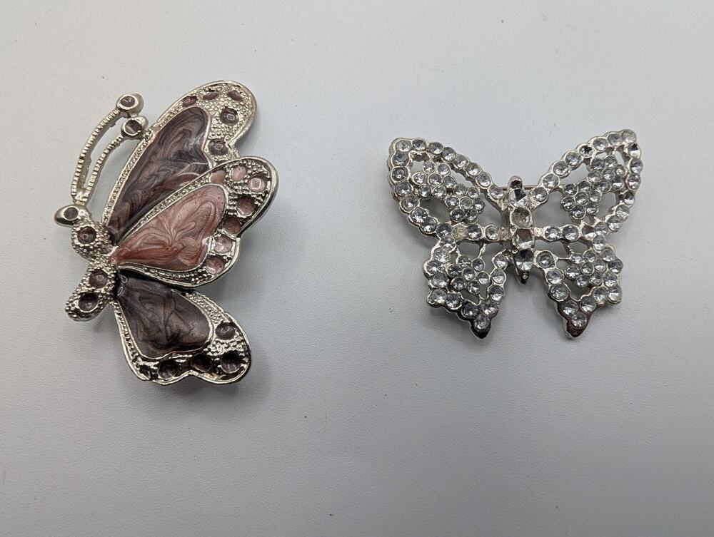 Lot of 2 Butterfly Brooches Pin Silver Tone Enamel Rhinestone Fashion Jewelry